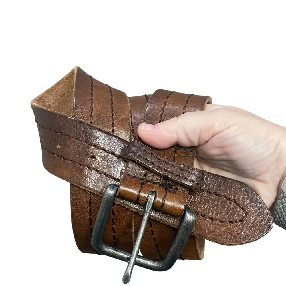 Aeropostale Men’s Brown Leather Belt Contrast Stitching Silver Buckle Size ~40